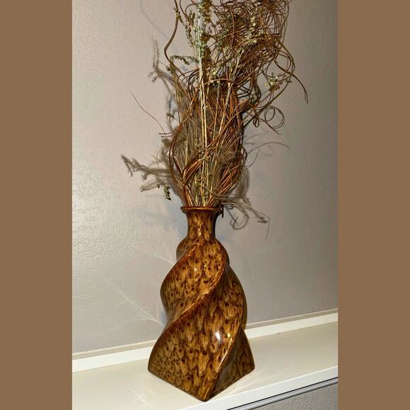 Mid-Century Brown Swirl Ceramic Vase with Dried Arrangement – 22” Tall - Picture 3 of 6